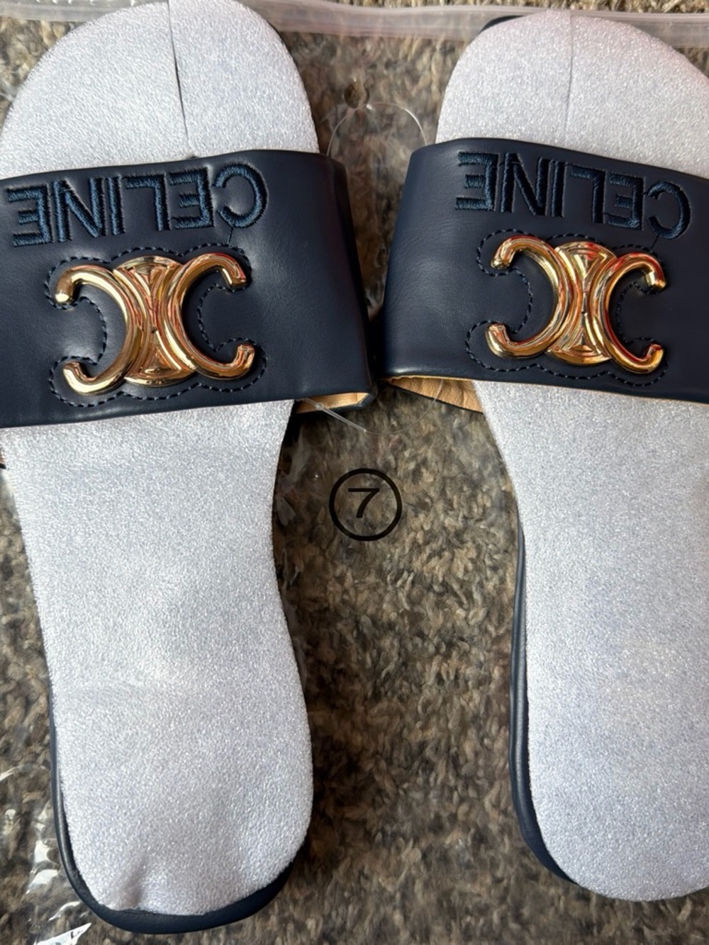 Celine Black Slide Sandals with Gold Double C Emblem